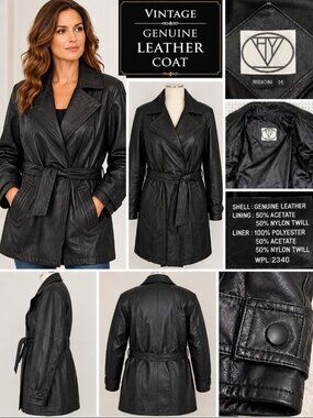 Vintage Raffaelo Black Genuine Leather Belted Moto Trench Coat Women’s M